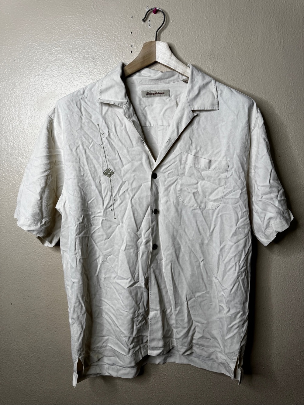 Tommy Bahama Shirt Men Large White Button Up Short Sleeve Hawaiian Silk Relaxed